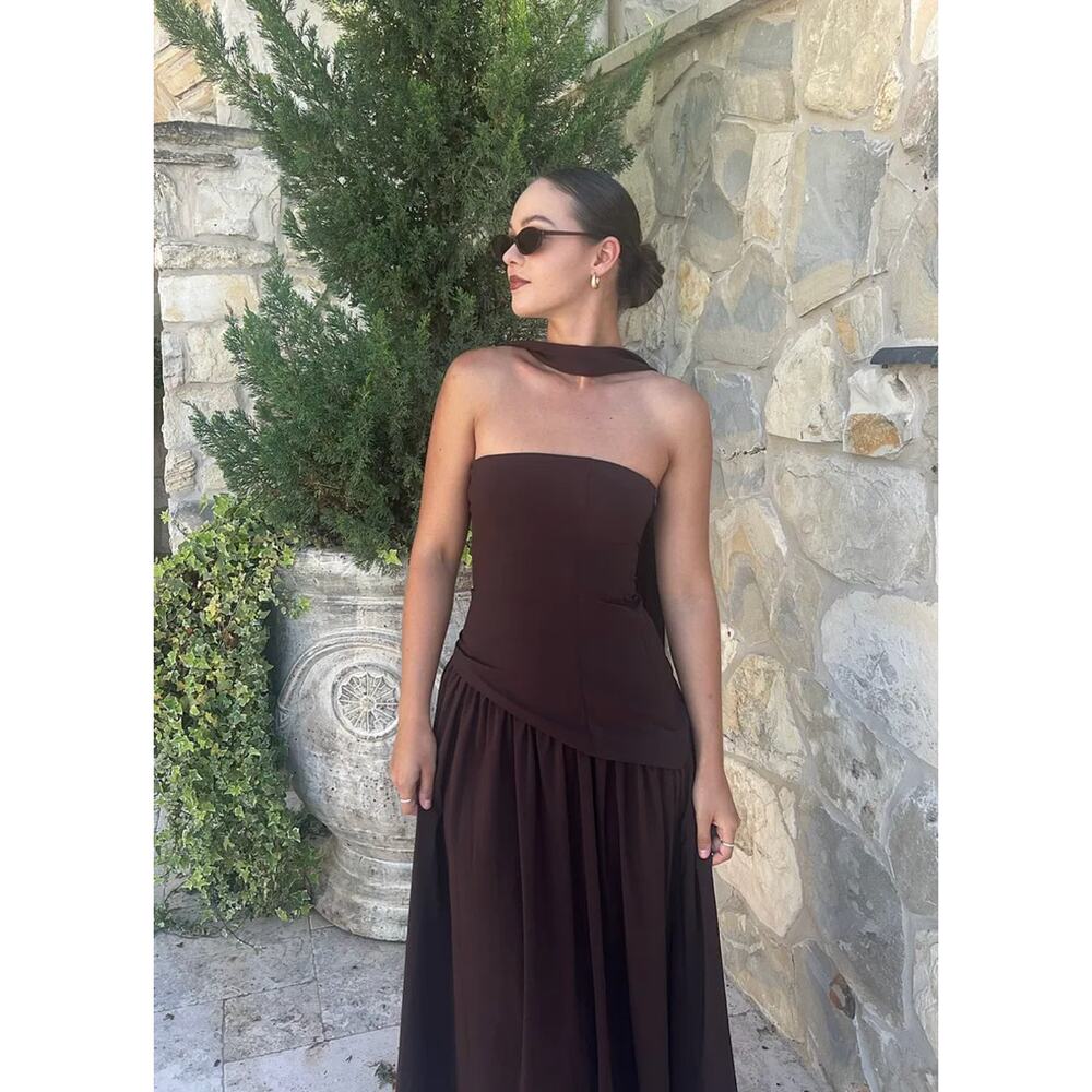 PRINCESS POLLY Odela Strapless Drop Waist Maxi Dress Chocolate Size 6
